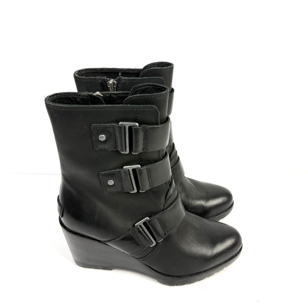 SOREL Black Leather Wedge Ankle Boots with Buckle Straps - Picture 5 of 12